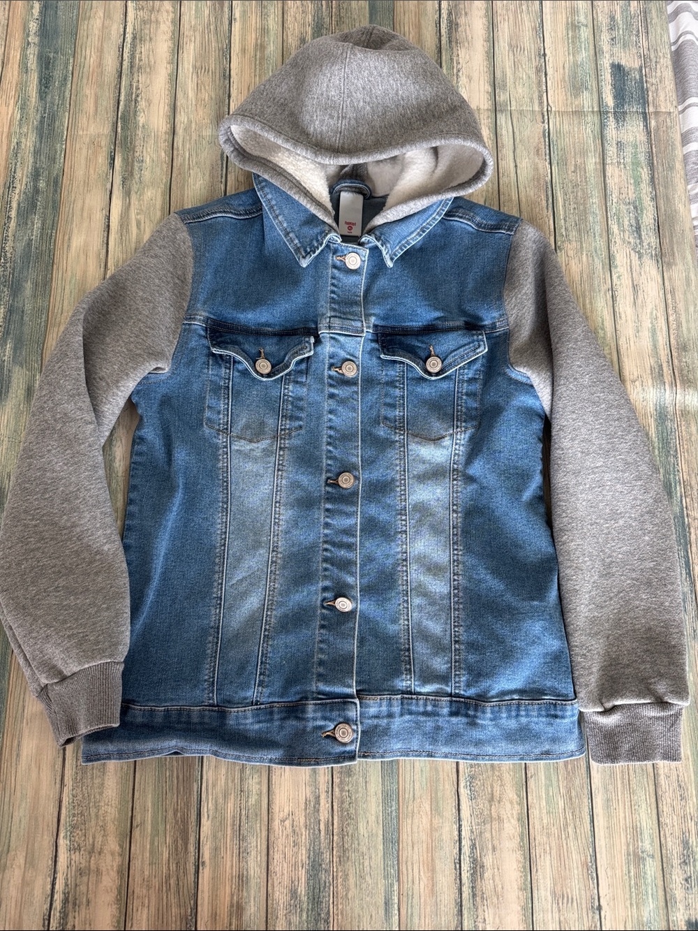 fabkids Blue Denim Jacket with Gray Hood & Sleeves (Sz: 10/12)